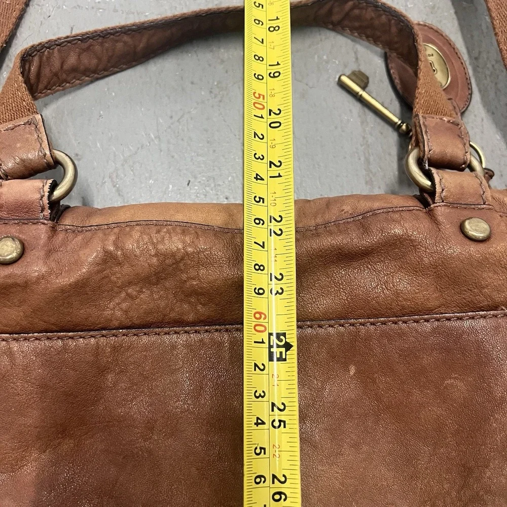 Fossil Leather Satchel Crossbody Bag Cognac Brown Brass Turnlock Key Charm Purse